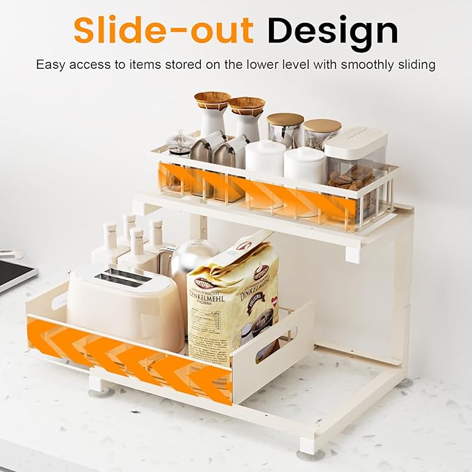 Under Sink Organizer, Heavy Duty Metal Slide Out Sink Shelf Organizer Height Adjustable, Multi-Purpose Storage Shelf for Kitchen Bathroom (Sand,1Pack)