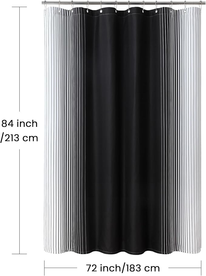 Extra Long Black Shower Curtain, Modern Black and White Gradient Vertical Stripe Waterproof Polyester Shower Curtains for Bathroom, 72x84 Inches