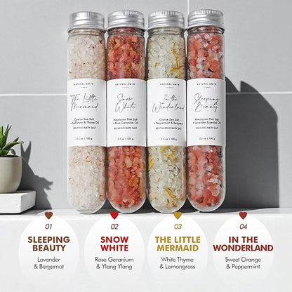 Natural Bath Salt Gift Set – 4-Pack Relaxing Soaks with Himalayan Pink Salt, Sea Salt, Essential Oils, Jojoba Oil & Dried Flowers – Spa Gift for Women & Self Care