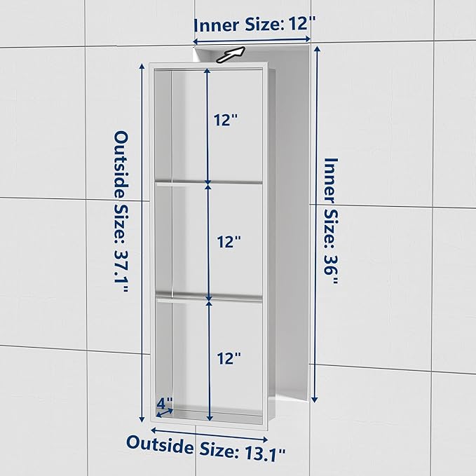 Neodrain12X36 Inch Shower Niche, Brushed 3-Tier Stainless Niches No Tile Needed Bathroom Wall Niche for Shower Storage Waterprooof, Recessed in Wall