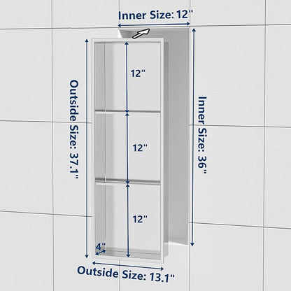 Neodrain12X36 Inch Shower Niche, Brushed 3-Tier Stainless Niches No Tile Needed Bathroom Wall Niche for Shower Storage Waterprooof, Recessed in Wall