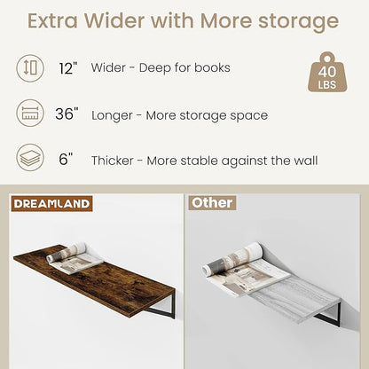 Dreamland Deep Floating Shelves for Wall, Brown Wood Wall Mounted Shelves, Large Floating Shelf 12 * 36 inch Set of 2 for Bookshelf Living Room Bedroom Home Office Bathroom