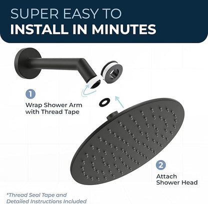 HammerHead Showers® Solid Metal 8 Inch Rainfall Shower Head – MATTE BLACK - Shower Head Rainfall - 2.5 GPM High Flow Shower Head Optimized for Pressure – Large Round Rain Shower Heads
