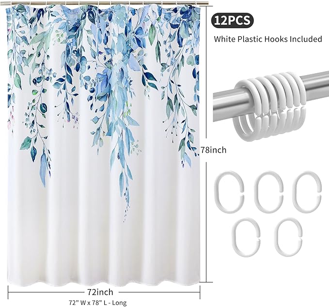 Colorful Star Blue Eucalyptus Waterproof Shower Curtain Set with Hooks, Minimalist Watercolor Floral Print Bathroom Décor, Plant Leaves Washable Fabric Shower Curtain, 72 x 78 Inch