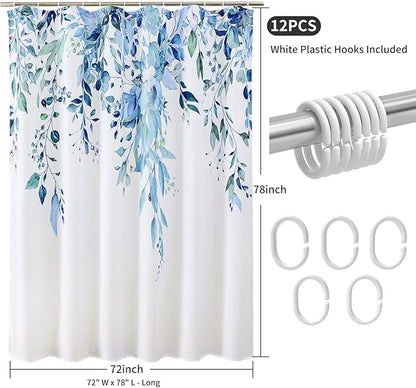 Colorful Star Blue Eucalyptus Waterproof Shower Curtain Set with Hooks, Minimalist Watercolor Floral Print Bathroom Décor, Plant Leaves Washable Fabric Shower Curtain, 72 x 78 Inch