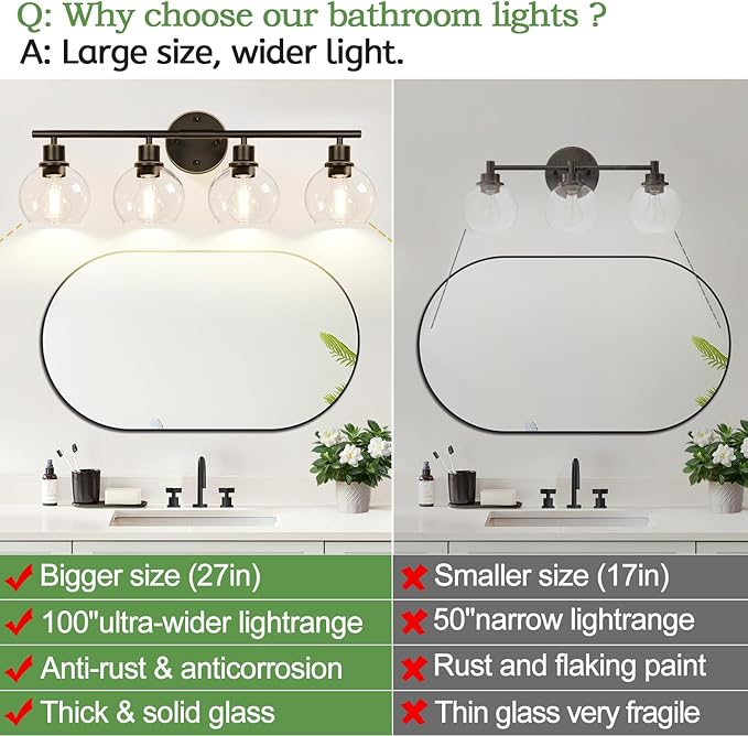 4-Light Bathroom Light Fixtures, Oil Rubbed Bronze Bathroom Lights Over Mirror with Clear Glass Globe Shade, Vanity Lights for Bathroom Kitchen Living Room Hallway Cabinet Bedroom Porch