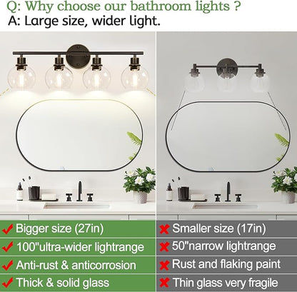4-Light Bathroom Light Fixtures, Oil Rubbed Bronze Bathroom Lights Over Mirror with Clear Glass Globe Shade, Vanity Lights for Bathroom Kitchen Living Room Hallway Cabinet Bedroom Porch