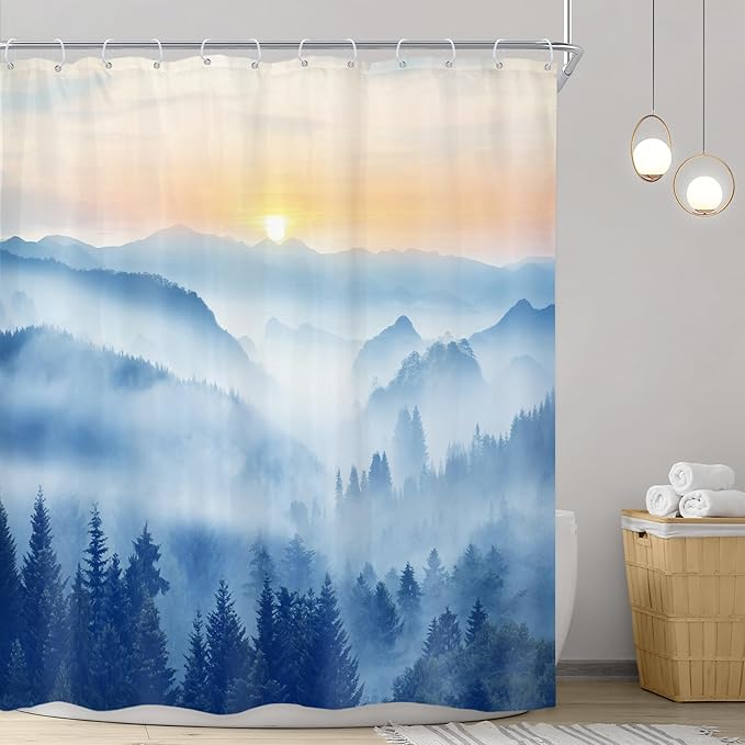 Riyidecor Misty Mountain Shower Curtain 60Wx72H Inch Blue Spring Scenery Sunrise Foggy Woodland Greenery Smokey Tree Nature Pine Scenic Bathroom Decor Fabric Polyester Waterproof 12 Pack Hooks