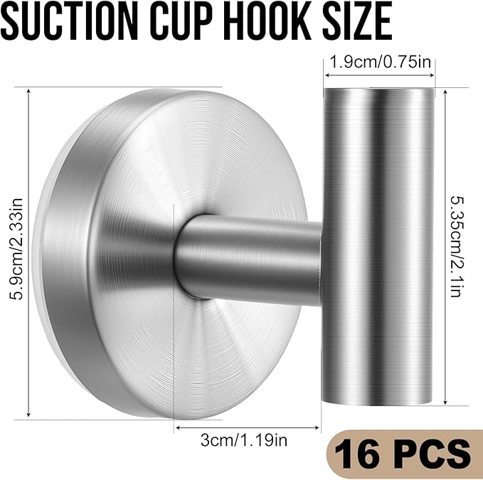 Suction Cup Hook for Shower, 16 Pack Wall Mount Towel Holder, Removable Towel Hook - Stainless Steel No Drill Hook for Bathroom Window Glass Door Wall Home Kitchen Brushed Silver