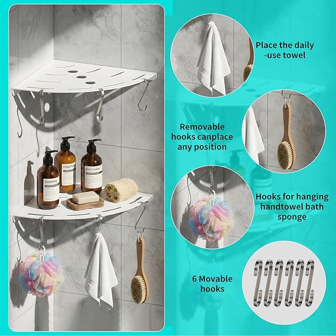 XIHLZYEH Corner Shower Shelves, 2 Pack 304 Stainless Steel Shower Shelf with 6 Hooks 40 lbs Heavy Duty, Durable Wall Mounted Organizer for Bathroom Drilling Installation（White