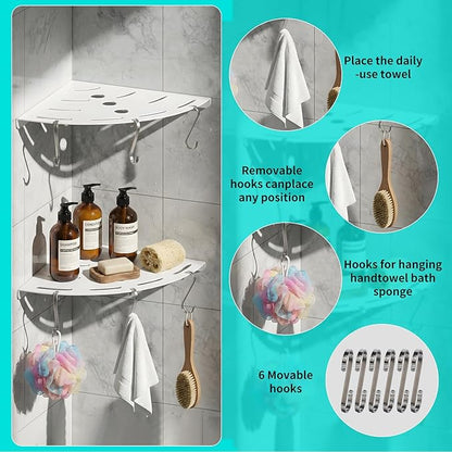 XIHLZYEH Corner Shower Shelves, 2 Pack 304 Stainless Steel Shower Shelf with 6 Hooks 40 lbs Heavy Duty, Durable Wall Mounted Organizer for Bathroom Drilling Installation（White