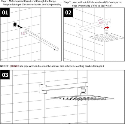 Shower Arm with Flange 16 Inch Stainless Steel Overhead Shower Extension Arm Bathroom Wall Mounted Pipe for Rainfall Showerhead, Chrome
