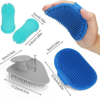4Pcs Dog Bath Brush Set Non-Slip Shampoo Brush Anti-Slip Adjustable Massage Scrubber 360° Silicone Bristles Finger Toothbrushes for Pet Shower Grooming Brush