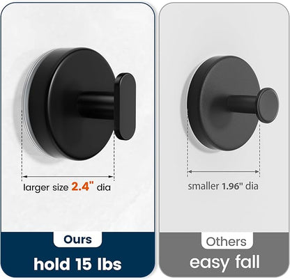 Suction Cup Hooks for Shower: 15 LB Strong Wall Hanger for Bathroom, Front door, Glass, Window, RV, Holder for Towel, Christmas Wreath, Coat, Loofah, Waterproof & Reusable, Matte Black 10-Pack