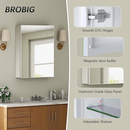 Bathroom Medicine Cabinet with Mirror, 14x18 Recessed or Wall Mirror Medicine Cabinet with Storage Adjustable Glass Shelves, Beveled Edge Mirrored Door with Aluminum Cabinet Hinges