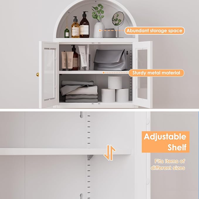Arched Wall Cabinet, Bathroom Wall Mounted Cabinet with Glass Display Doors, Adjustable Shelves for Bathroom, Living Room, Dining Room, Laundry, Kitchen