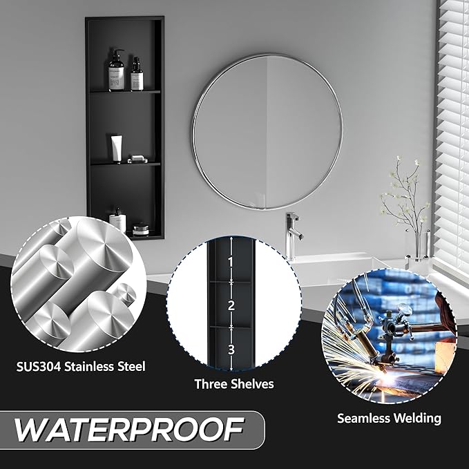 Neodrain 3-Tier 12X36 Inch Recessed Shower Niche Tile Ready, Matte Black Stainless NO Tile Needed Wall Niche for Shower & Bathroom Storage, Waterproof Bath Organizer