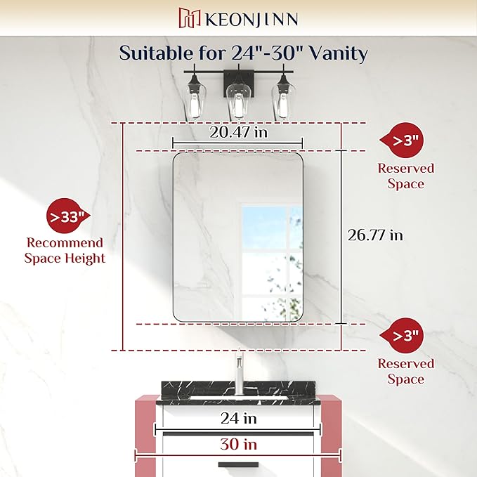 Keonjinn 20 x 26 Inch Chrome Recessed Medicine Cabinets, Mirrored Bathroom Medicine Cabinet, Elegant Silver Stainless Steel Framed, Adjustable Shelves, in Wall or Surface Mount, Soft Closing, Modern