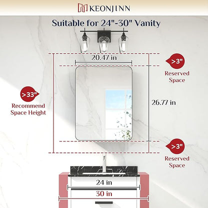 Keonjinn 20 x 26 Inch Black Recessed Medicine Cabinets, Bathroom Mirrored Medicine Cabinet, Gloss Black Stainless Steel Framed, Adjustable Shelves, in Wall or Surface Mount, Sturdy & Heavy, Farmhouse