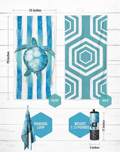 VENTURE 4TH Microfiber Beach Towel: Quick-Dry, Compact, Sand-Free, Absorbent, Sandproof and Lightweight - Perfect for Camping, Beach, and Roadtrips (Striped Turtle Design | 35x78 inches)