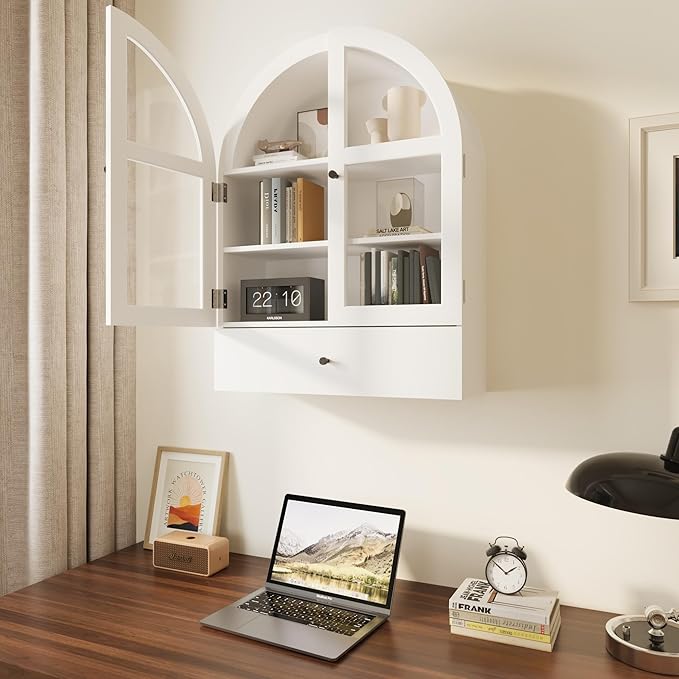 BLANKSPACE Bathroom Curved Wall Cabinet with Drawer, Over The Toilet Organizer for Bathroom White Storage Cabinet with Glass Door and Soft Closing