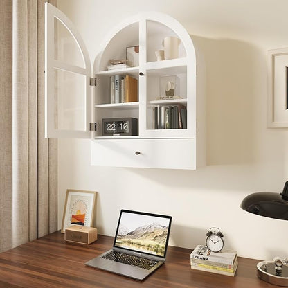BLANKSPACE Bathroom Curved Wall Cabinet with Drawer, Over The Toilet Organizer for Bathroom White Storage Cabinet with Glass Door and Soft Closing