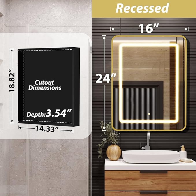APRILSOUL 16X24 Inch Gold Bathroom Medicine Cabinet with Mirror, Recessed or Surface Lighted Medicine Cabinet with 3 Colors Temperature, Dimmable Light