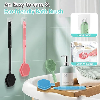 Silicone Back Scrubber & Soft Bath Glove 2PCS, 16''- 21''Extendable Back Scrubber with Dual-Side Large Head, 360° Anti-Slip Hand-fit Silicone Body Scrubber for Rich Foaming Deep Cleaning(Green)