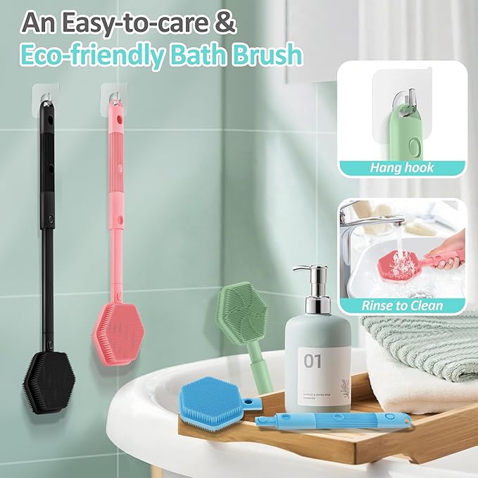 Silicone Back Scrubber & Soft Bath Glove 2PCS, 16''- 21''Extendable Back Scrubber with Dual-Side Large Head, 360° Anti-Slip Hand-fit Silicone Body Scrubber for Rich Foaming Deep Cleaning(Pink)