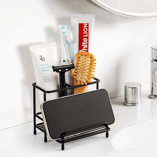 Mustry Toothbrush Holders for Bathrooms, Black Toothbrush Organizer with Front Ledge for Phone Holder, Stainless Steel Toothbrush and Toothpaste Holder Stand for Bathroom Countertop Accessories Storag