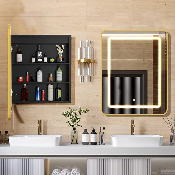 APRILSOUL 16X24 Inch Gold Bathroom Medicine Cabinet with Mirror, Recessed or Surface Lighted Medicine Cabinet with 3 Colors Temperature, Dimmable Light