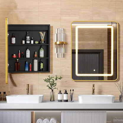 APRILSOUL 16X24 Inch Gold Bathroom Medicine Cabinet with Mirror, Recessed or Surface Lighted Medicine Cabinet with 3 Colors Temperature, Dimmable Light