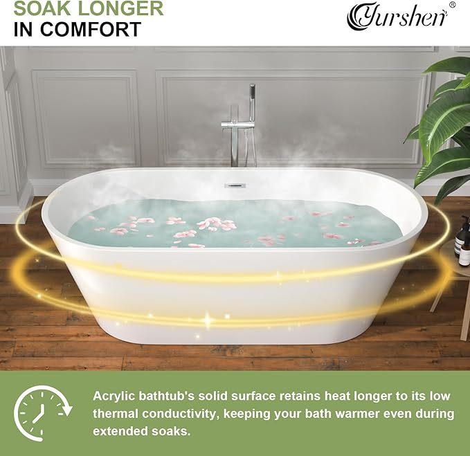 67 Inch Freestanding Acrylic Soaking Tub White Roll Top Deep Bathtub with Black Drain Relaxing Home Spa, YSB9222
