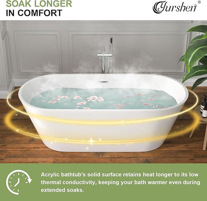 67 Inch Freestanding Acrylic Soaking Tub White Roll Top Bathtub with Chrome Drain Spa-Like Glossy Finish, YSB9223