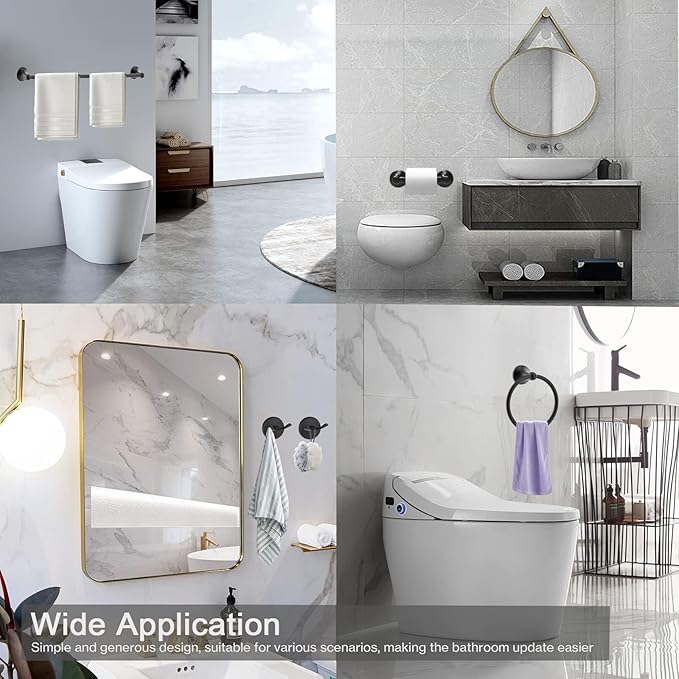 Newfun 8-Pieces 24" Bathroom Hardware Set, Bathroom Accessory Set, Includes 24" Adjustable Bath Towel Bar, Towel Rings Wall Mounted, Toilet Paper Holder, Robe Towel Hooks (Matte Black)