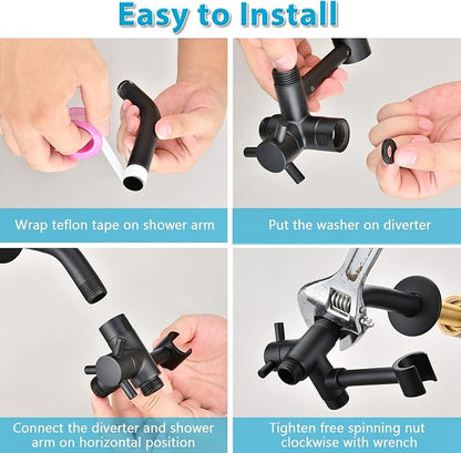 PDPBath Solid Brass Shower Arm 3 Way Shower Diverter Valve for Hand Held Showerhead and Fixed Spray Head, G1/2 Universal Connection - Matte Black
