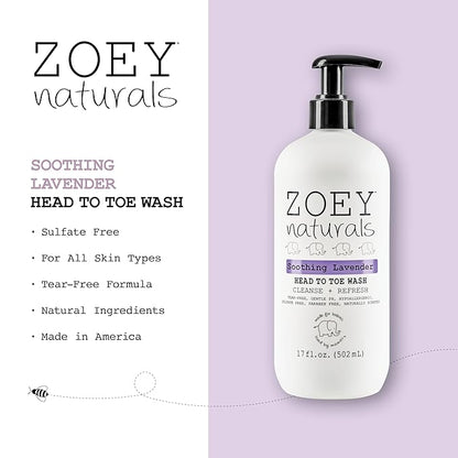 Zoey Naturals - Soothing Lavender Wash & Shampoo - Toddlers & Kids - With Tear-free, Paraben-Free, All Natural Ingredients for Sensitive Skin- 17 Oz