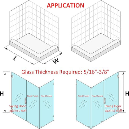Shower Door Hardware Kit for Frameless Corner Shower Setup, Includes Hinges, Square Pull Handles, U-Clamps and Connector, for 5/16"–3/8" Glass, Bathtub or Standing Shower Use, Matte Black