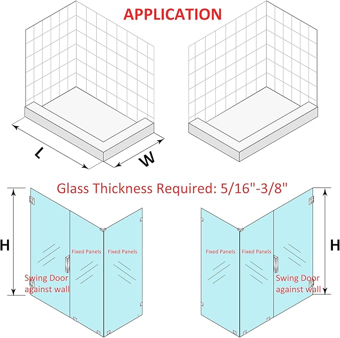 Shower Door Hardware Kit for Frameless Corner Shower Setup, Includes Hinges, Square Pull Handles, U-Clamps and Connector, for 5/16"–3/8" Glass, Bathtub or Standing Shower Use, Brushed Nickel