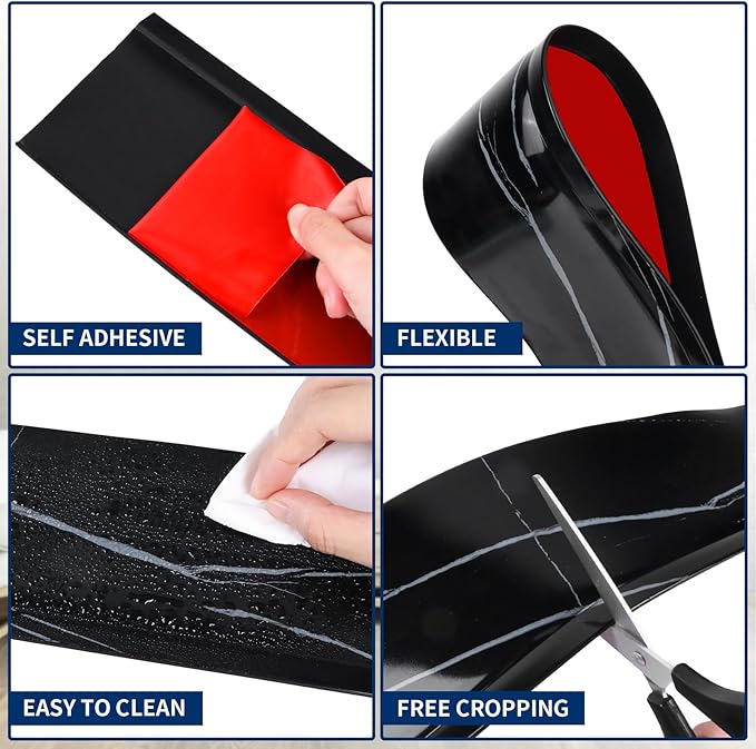 Flexible Baseboard Molding Trim 4 Inch Self-Adhesive Vinyl Wall Base Peel and Stick Cove Base Rubber Wall Baseboard Moulding Trim (100Ft, Black Stone)