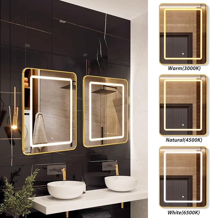 APRILSOUL 20X30 Inch Gold Bathroom Medicine Cabinet with Mirror, Recessed or Surface Lighted Medicine Cabinet with 3 Colors Temperature, Dimmable Light