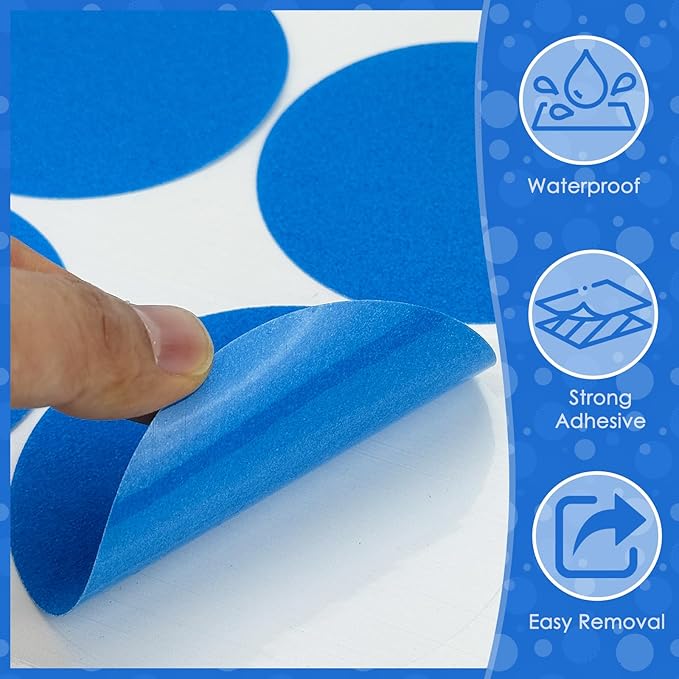 S&X 24 Pcs Non Slip Shower Stickers (Large 4" Round), Blue Anti Slip Grip Decals, High Traction Bathtub Dots, Durable Grit Stickers for Kids & Family Safety with Scraper