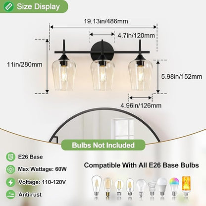 2025 Upgrade 3-Light Bathroom Light Fixtures, Black Vanity Lights for Bathroom with Clear Glass, 19.5 Inch Bathroom Lighting Fixtures Over Mirror, Modern Wall lamp for Cabinet Hallway