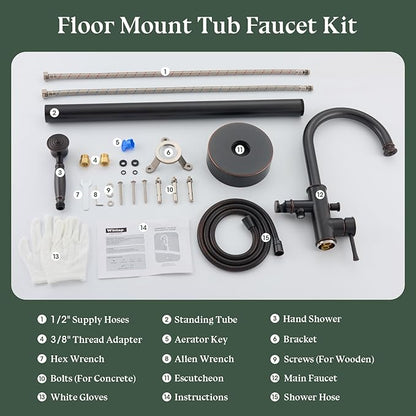 Free Standing Tub Faucet, Wintap Classic Freestanding Bathtub Faucet with Sprayer Brass Elegant Floor Mount Bath Faucets High Flow Roman Tub Filler, Oil Rubbed Bronze （WT-3311ORB）