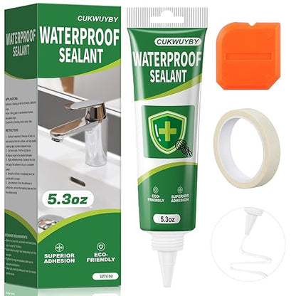 1 Pack Silicone Caulk 5.2 Oz Squeeze Tube Waterproof Silicone Sealant for Kitchen Bathroom Stronger Adhesion White Caulk for Window Toilet Sink Door Caulking Sealant with Tape and Scraper