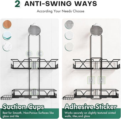 Stainless Steel Hanging Shower Caddy for Handheld Shower Heads,Adjustable Height Extra Long Bathroom Shower Organizer Hanger Rack with Hooks,Soap Holder