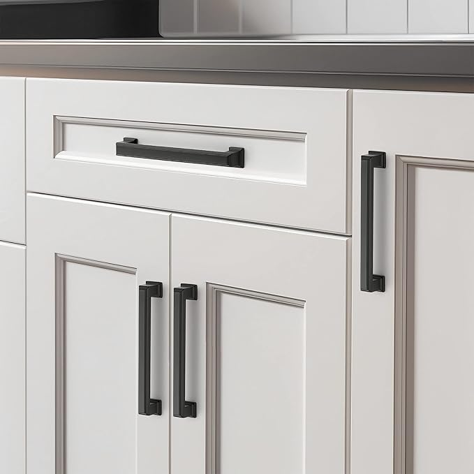 Ravinte Hardware 10 Pack Matte Black Cabinet Pulls, 5 Inch (128mm) Hole Center Zinc Alloy Drawer Handles for Kitchen Cabinets, Cupboards, Dressers, Square Solid Metal Hardware