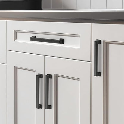 Ravinte Hardware 10 Pack Matte Black Cabinet Pulls, 5 Inch (128mm) Hole Center Zinc Alloy Drawer Handles for Kitchen Cabinets, Cupboards, Dressers, Square Solid Metal Hardware