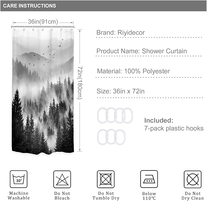 Riyidecor Black and White Shower Curtain 36Wx72H Inch Mountain Rustic Pine Tree Stall Half Small Rv Single Stand Up Camper Narrow Scenery View Bathroom Decor Fabric Polyester Waterproof 7 Pack Hooks
