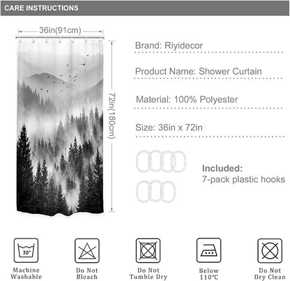 Riyidecor Black and White Shower Curtain 36Wx72H Inch Mountain Rustic Pine Tree Stall Half Small Rv Single Stand Up Camper Narrow Scenery View Bathroom Decor Fabric Polyester Waterproof 7 Pack Hooks